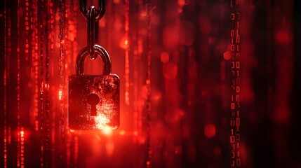 Red Cybersecurity Lock with Binary Code Background in Digital Concept