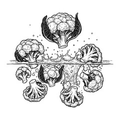 Detailed Engraved Several Heads of Cauliflower Splashing Water with Splashes Black and White Outline Line Art Drawing