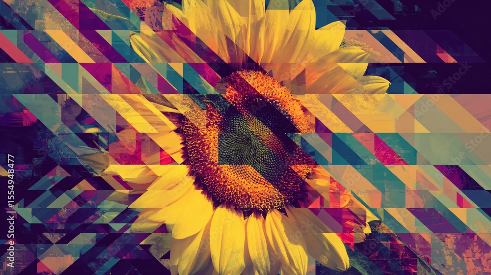 Aufkleber abstract sunflower image features fragmentation through geometric shapes and vivid color palettes.