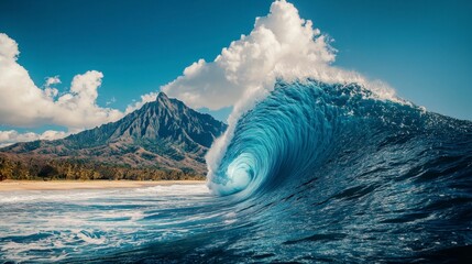 Vibrant Blue Ocean Wave Crashing Near Tropical Island Mountain Under Sunny Sky