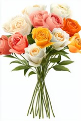 Vibrant Bouquet of Fresh Roses in White and Pastel Shades with Green Leaves
