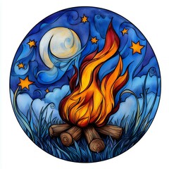 Vibrant Campfire Illuminated Under a Starry Night Sky with Moonlight and Whimsical Clouds