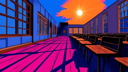 Vibrant Classroom Scene with Bright Sunlight and Colorful Shadows on Wooden Floors