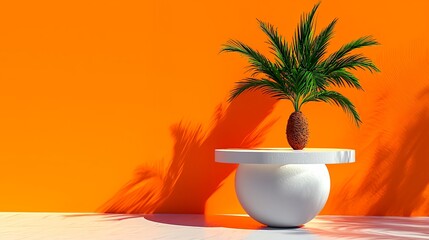 Vibrant Green Plant Sitting on Modern White Pot Against Bright Orange Wall
