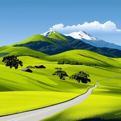Vibrant Green Hills Under Clear Blue Sky with Snow-Capped Mountains in Background