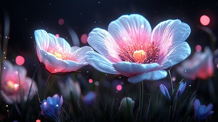 Vibrant Luminescent Flowers Glowing in a Dark Enchanted Garden