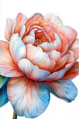 Vibrant Multi-Colored Flower with Intricate Petals and Soft Pastel Hues Against a White Background