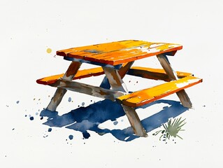 Vibrant Orange Wooden Picnic Table in Sunlit Garden with Green Grass