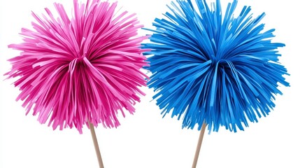 Vibrant Pink and Blue Decorative Pom Poms on Sticks for Celebrations and Events