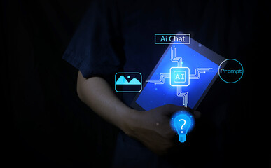handheld tablet with digital graphical elements representing AI, prompts, and communication tools.