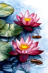 Vibrant Pink Lotus Flowers Blossoming on Calm Blue Water Surface with Green Lilypads