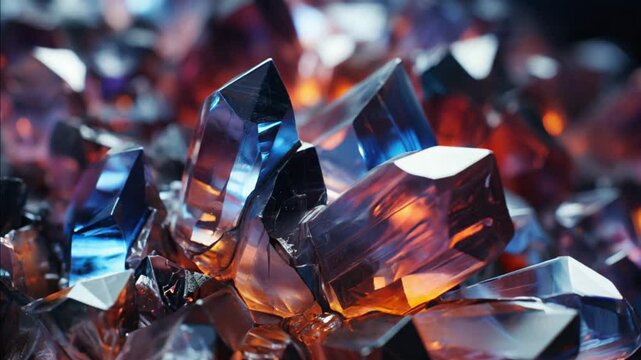 Vibrant glowing crystals in orange and blue tones, sharp geometric shapes and intense light reflections.