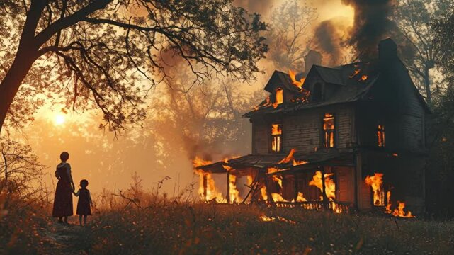 Silhouettes of woman and child watching old wooden house burn at sunset, dramatic fire and smoke in rural landscape.