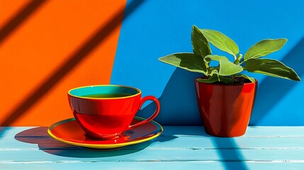 Vibrant Red Teacup and Potted Plant Still Life with Bold Color Background