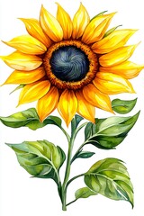 Vibrant Sunflower with Detailed Petals and Green Leaves Isolated on White Background