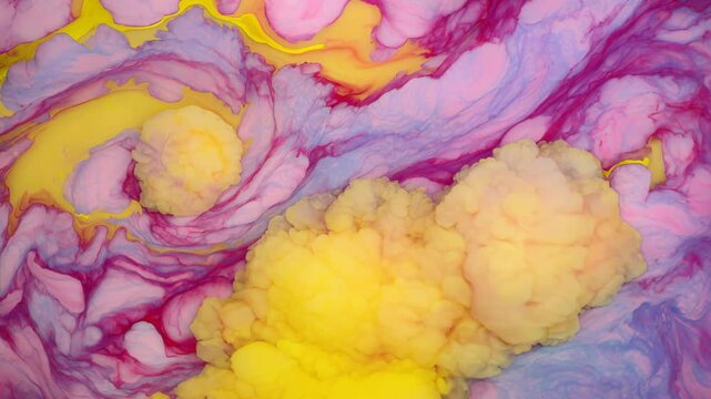 Colorful fluid abstract texture with swirling pink, purple, and yellow patterns in marbled style.