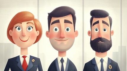 Stylized Portraits of Business Professionals Smiling Cartoon Characters in City Setting