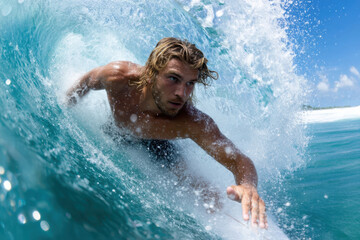 Surfer riding a wave beneath bright blue sky on a sunny day at the beach