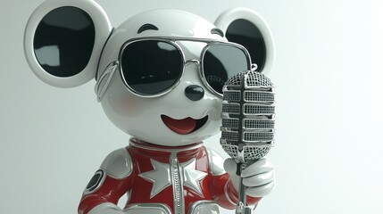 Stylized White Mouse Figurine in Red Jacket Holding Microphone