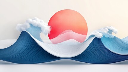 Stylized Waves with Red Sunset and Foamy Crests in Soft Pastel Colors