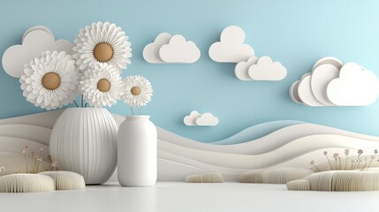Stylized White Vases with 3D Flower Arrangement Against Abstract Blue Wall Background