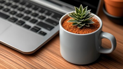 Succulent in White Mug on Wooden Desk near Laptop