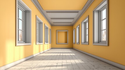 Sunlit Empty Hallway with Pale Yellow Walls and White Trim