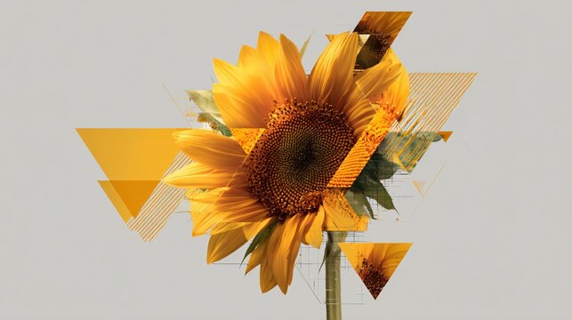 Sunflower's radiant beauty is fragmented by triangular geometric patterns, creating modern artistry.