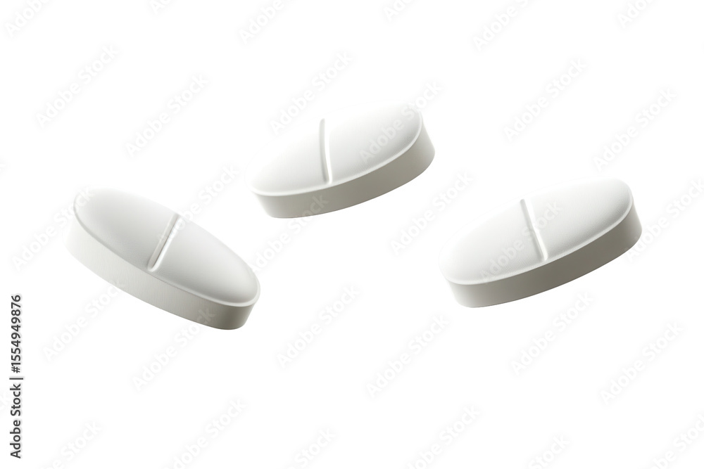 Poster three white pills float in the air against a muted background highlighting their smooth, rounded edg