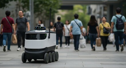 Naklejka premium Autonomous delivery robot navigates a busy city street, blending technology with daily urban life, Futuristic delivery robot shares sidewalk with pedestrians in a modern urban setting