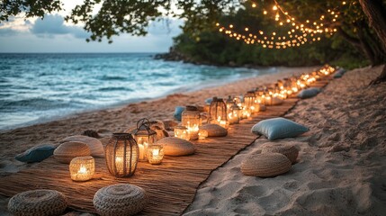 Bohemian beach party long table with woven mats, lanterns, and coastal decor, set under string lights and sea breeze