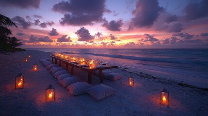 Dreamy long table on a beach at golden hour, surrounded by soft cushions, low lanterns, and warm ambient lighting