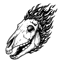 Flaming Horse Skull Monster with Whole Skull Black and White Outline Line Art Drawing Engraving
