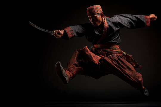 Full-body image of a Malay man dressed in traditional attire mid-action during a silat performance, keris raised gracefully,