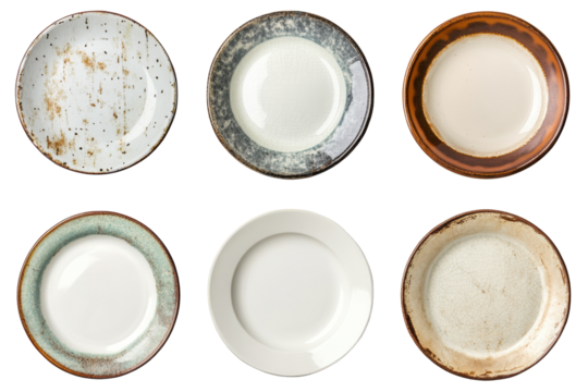 Collection of vintage rustic ceramic plates with unique designs showcasing rustic charm and character suitable for various culinary presentations