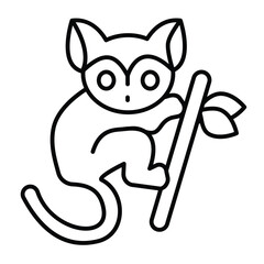 Tarsier animal on tree branch thin line icon, tropical voyage concept. Vector graphics. Tropical monkey, wild life sign on white background, style mobile or design.