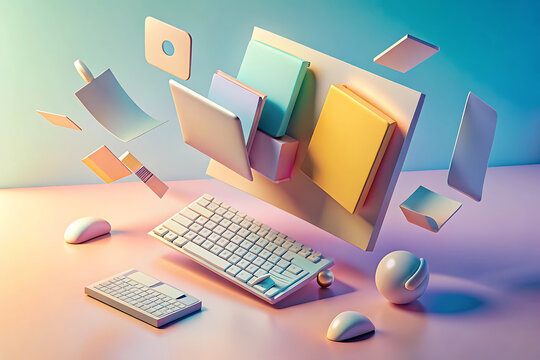 Abstract pastel computer workspace; floating keyboard, mouse, and books; modern, minimalist, and playful design; vibrant, trendy, and optimistic mood; digital technology and creativity concept.