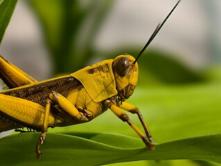 Close-up Photography of a Vibrant Yellow Grasshopper on Green Foliage