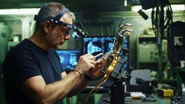 A male engineer with a magnifier works on a bionic arm in his lab.