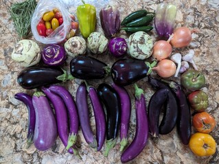 Fresh summer vegetables in a row lined up to create patterns on top of a marbled surface. 