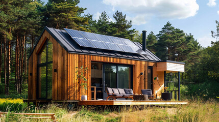 Compact Tiny House with Cedar Cladding and Solar Panels Nestled in a Serene Forest Setting Surrounded by Nature