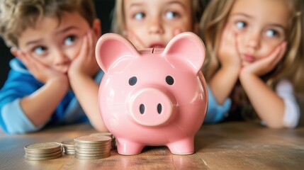 Children Looking Sad Behind a Piggy Bank – No Funds for Summer or winter holiday Plans