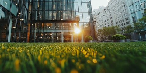 Modern Glass Office Building with Green Lawn at Sunset Downtown Urban Business Perspectives