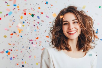 A radiant young woman joyfully celebrates amidst a flurry of colorful confetti radiating happiness and pure excitement