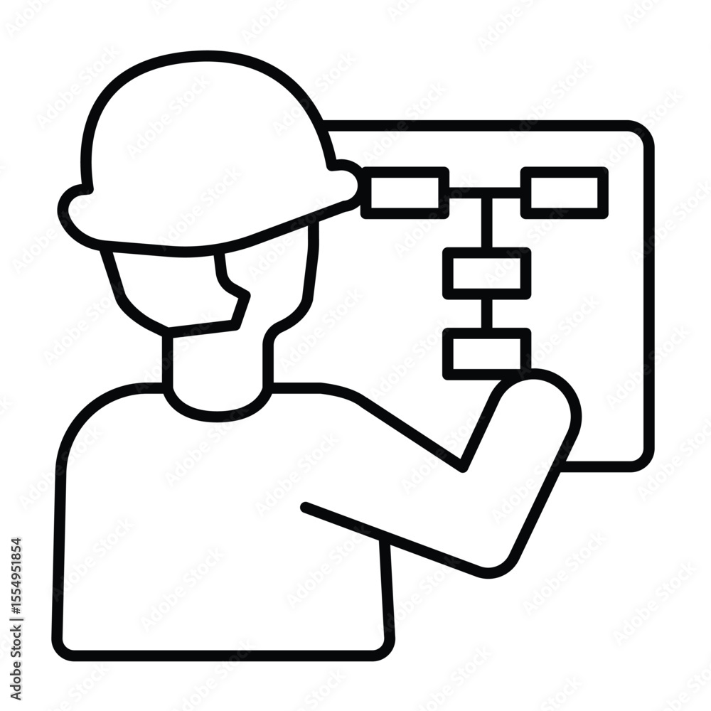 Aufkleber engineer with helmet and schedule paper thin line icon, making road concept. vector graphics. man wi