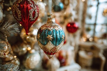 Obraz premium Ornate Christmas tree with red blue ornaments gold accents