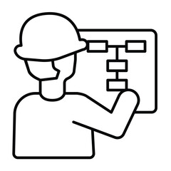 Engineer with helmet and schedule paper thin line icon, making road concept. Vector graphics. Man with cap and project paper sign on white background, style mobile or design.