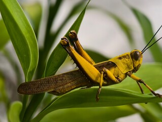 Vibrant Yellow Grasshopper on Lush Green Leaf Close-Up Macro Photography