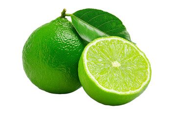 Fresh Green Lime with Leaves, Whole and Sliced on Transparent Background