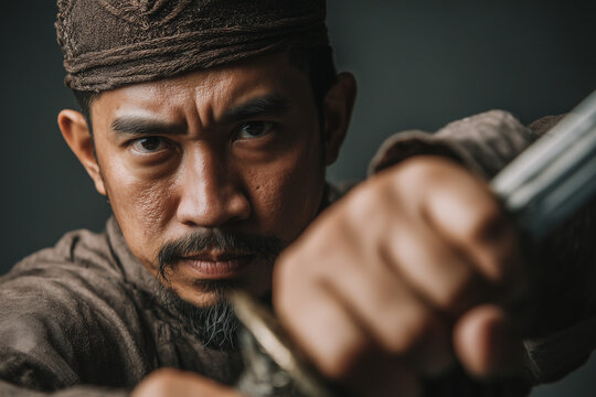 Close-up of a traditional Malay man gripping a keris in a defensive silat posture, focused expression with neutral background